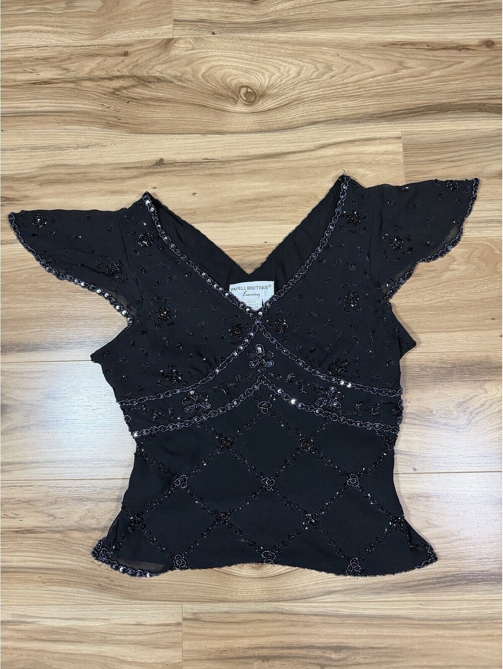 Papell Boutique Evening Silk Beaded Flutter Sleeve Top Black Whimsigoth M